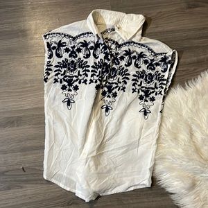 Embroidered Sleeveless Button Up Blouse
